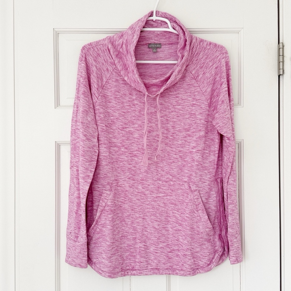 T BY TALBOTS pullover top size S heathered pink white kangaroo pocket sweatshirt